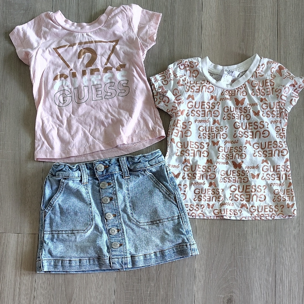 Guess Pink & White Logo Tee Set with Denim Skirt